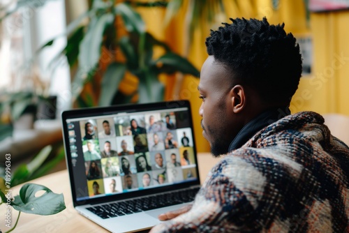 a black man doing video meeting on a laptop, zoom meeting closeup, video conference, business meeting, successful business conference meeting, virtual meeting, skype meeting, meeting