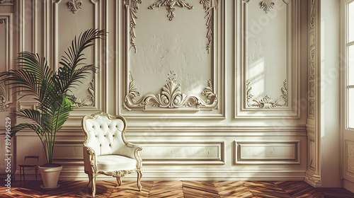 Luxurious Classic Interior with Elegant Wood Details, Vintage Armchair and Stylish Decor, Rich and Opulent Design photo