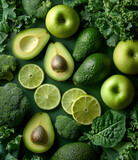 A variety of fresh green fruits and vegetables, including avocados, green apples, limes, and broccoli, are neatly arranged in an aesthetically pleasing pattern against a dark surface.