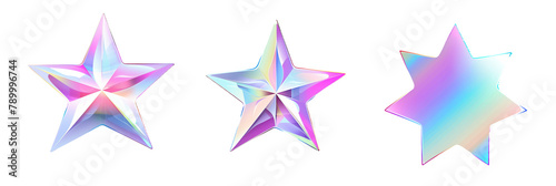 set of different holographic star shapes  each shimmering with unique color gradients  isolated on transparent background