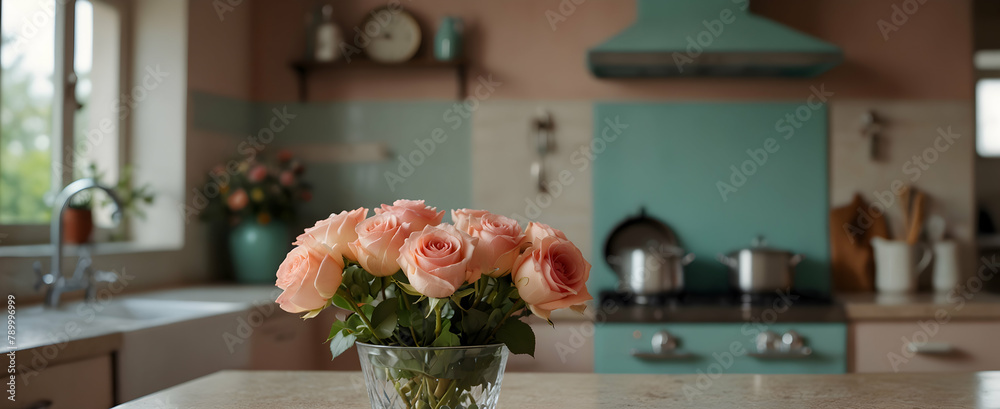 Vintage Vibes: Retro Kitchen with Pastel Colors and Classic Rose Arrangement for Nostalgic Yet Relaxing Atmosphere - Realistic Interior Design with Nature Photography Stock Concept