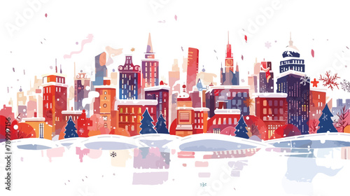 Merry Christmas. Winter cityscape. Vector flat illust photo