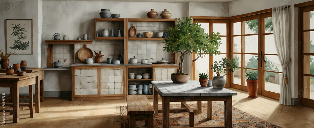 Artisanal Watercolor Drawing of Tranquil Kitchen with Handcrafted Tiles and Bonsai, Interior Design Concept