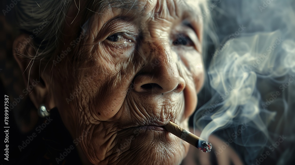 Closeup of old, elderly woman smoking cigarette. No smoking concept