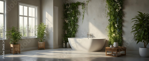 Invigorating Botanical Bathroom with Watercolor Hand Drawn Wall Mounted Planters and Jasmine Vine for Realistic Interior Design and Nature Photo Stock Construction Concept © Gohgah