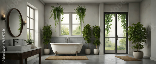 I m happy to help  Here s a title for your Adobe Stock image   Botanical Bliss  Watercolor Hand Drawing of a Bathroom with Wall Mounted Planters and Jasmine Vine for a Lush  Invigorating Interior Desi