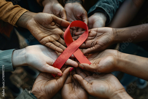 Diverse hands holding red ribbon as a symbol of HIV/AIDS awareness. World AIDS Day concept for unity, support, and remembrance. Design for healthcare campaigns and social awareness