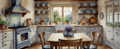 French Country Kitchen: Watercolor Hand Drawing with Lavender Bouquet and Pastel Hues - Realistic Interior Design in Nature Concept