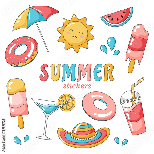 Set of summer stickers. Ice cream, popsicle, rubber ring, sun umbrella, coctail, slush, fizzy drink, sun, watermelon, hat. Beach theme. Bright icons in pink, yellow and blue palette