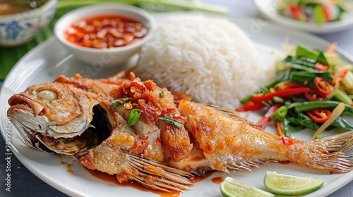 Fried fish with spicy sauce and steamed rice