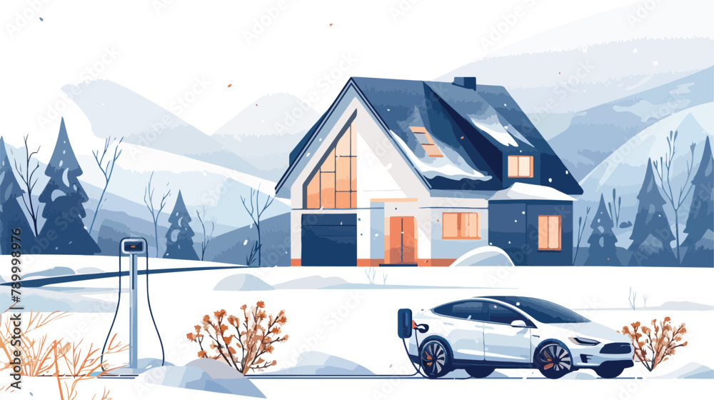 Modern house and electric car on charging against the