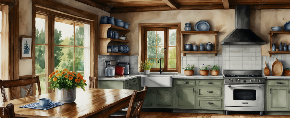 Watercolor hand drawing of a traditional kitchen with classic woodwork and a fresh floral centerpiece, capturing a timeless inviting culinary heritage - realistic interior design with nature concept.