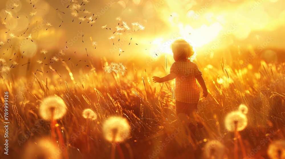 Young Child Playing in Field of Dandelions at Sunset