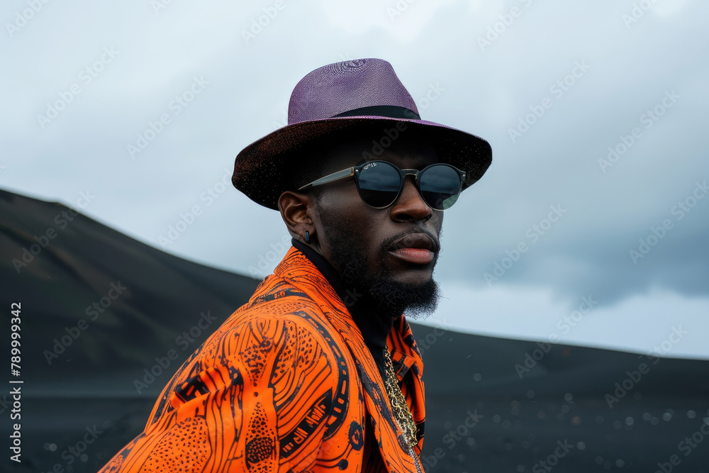 A black male model in a bright floral outfit with a beautiful hat on black sand dunes under a cloudy sky A black male model in a bright floral outfit with a beautiful hat on black sand dunes under a cloudy sky