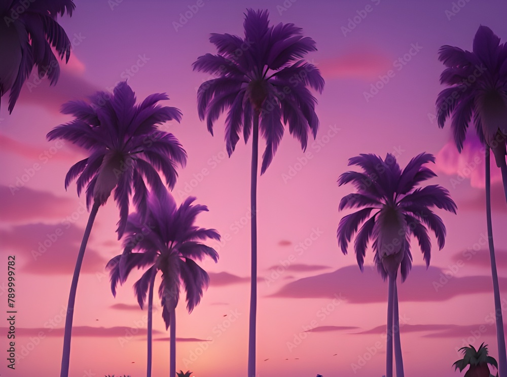 紫とピンクの夕焼けに囲まれたヤシの木