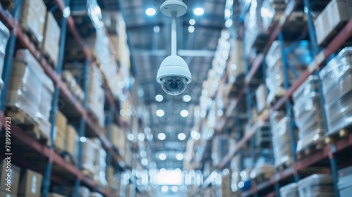 A network of surveillance cameras and motion sensors installed in a warehouse constantly monitoring for any suious activities that may pose a threat to the supply chain. .