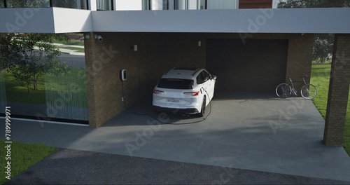 Home charging station provides an eco-friendly sustainable power supply for generic ev car. Progressive concept for future green energy storage for electric vehicles.