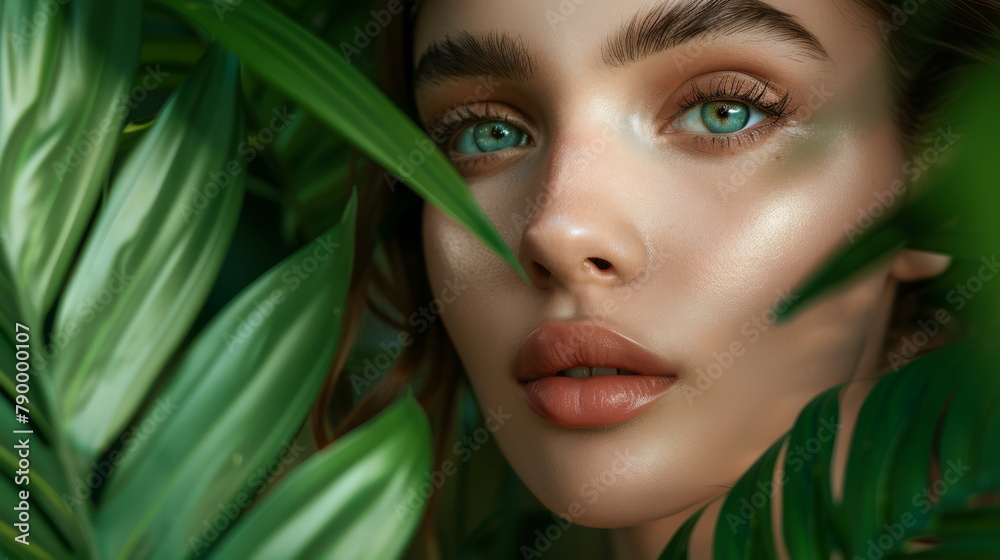 Natural beauty portrait with tropical leaves, ideal for eco-beauty and organic themes. Natural beauty portrait with tropical leaves, ideal for eco-beauty and organic themes.