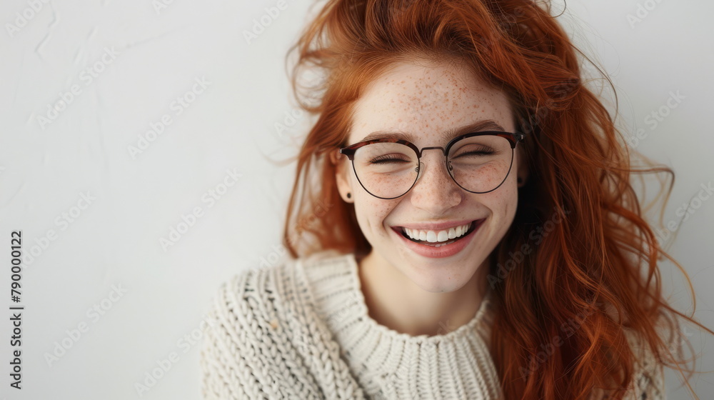 Obraz premium Freckled beauty with joyful eyes, ideal for natural beauty and positive living themes.