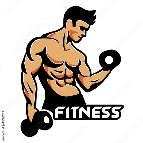 Fitness bodybuilder trains with dumbbells, vector, logo, cartoon, illustration, mascot, character
