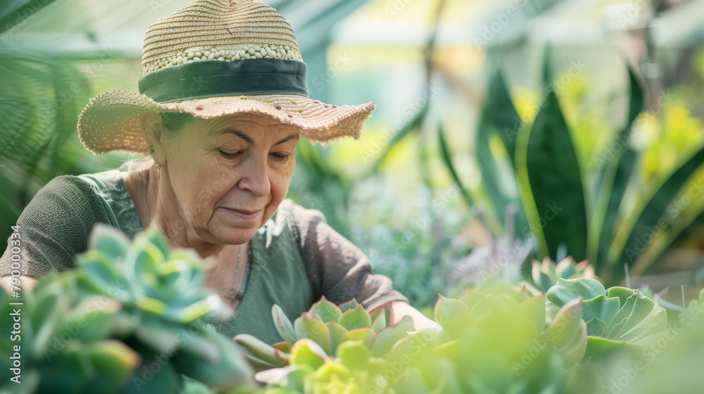 Smiling woman tending to succulents. Perfect for gardening, sustainable living themes.