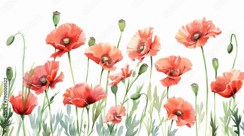 Blossoming watercolor poppies, symbolizing remembrance and the beauty of nature.