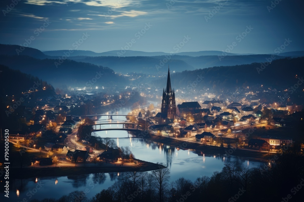 Naklejka premium Landscape view of the downtown skyline of a small town at night professional photography