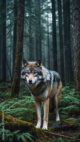 imposing and powerful wolf standing amidst the heart of a dense forest