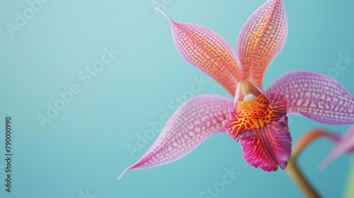 Macro Shot of a Laelia tenebrosa Orchid Flower in Purple Brown and Pink Tones on a Light Blue Background photo