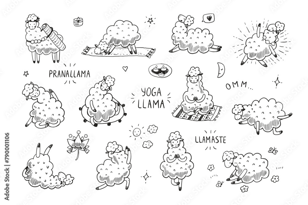 Obraz premium Yoga llama poses line doodle vector illustrations set.