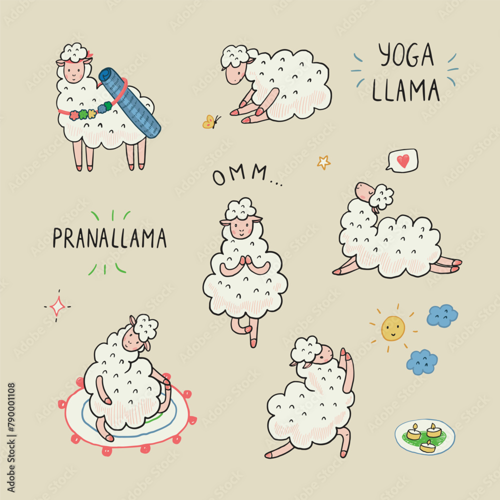 Obraz premium Yoga llama poses doodle vector illustrations set.