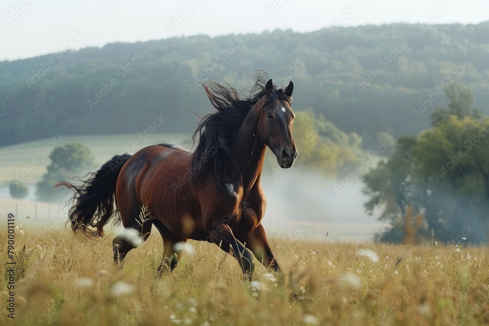 Galloping brown horse in a field Galloping brown horse in a field
