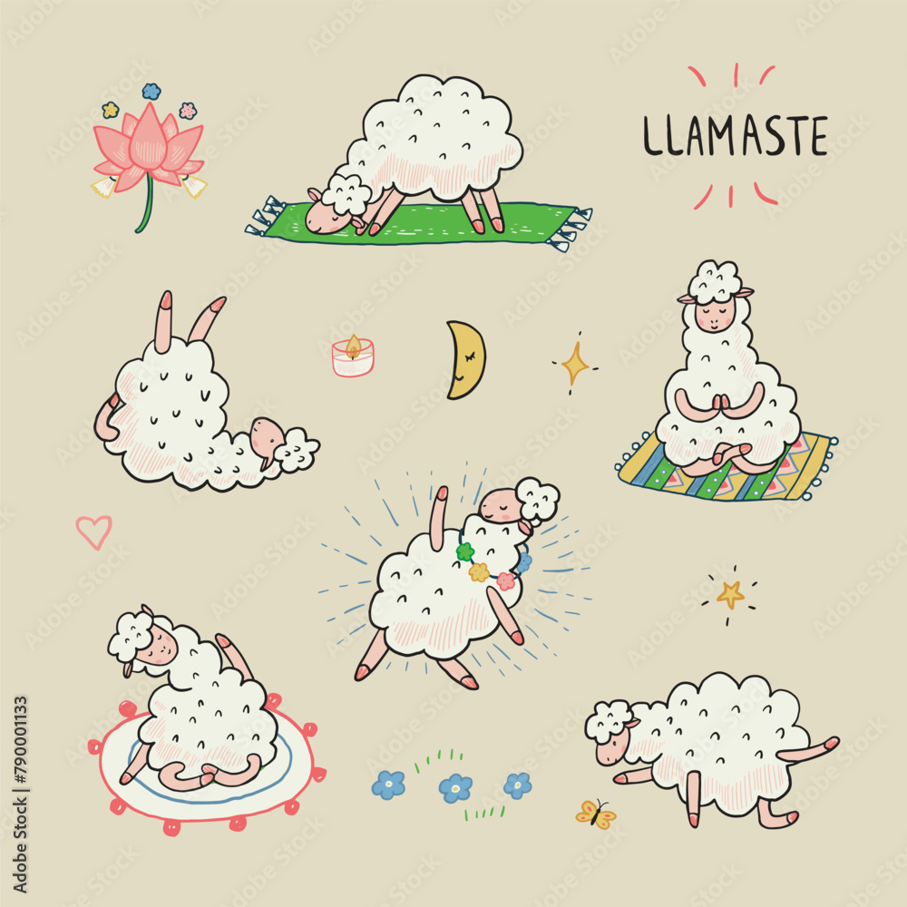 Obraz premium Yoga llama poses doodle vector illustrations set.
