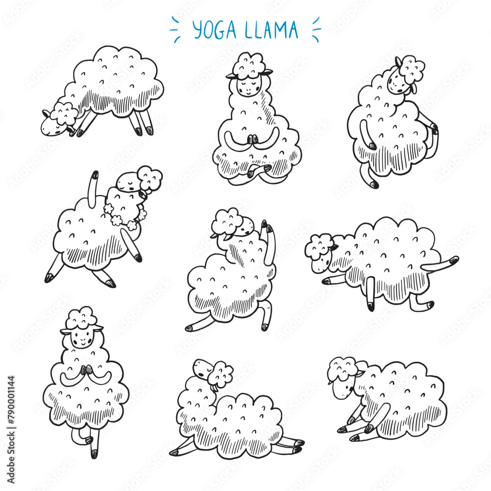 Obraz premium Yoga llama poses line doodle vector illustrations set.