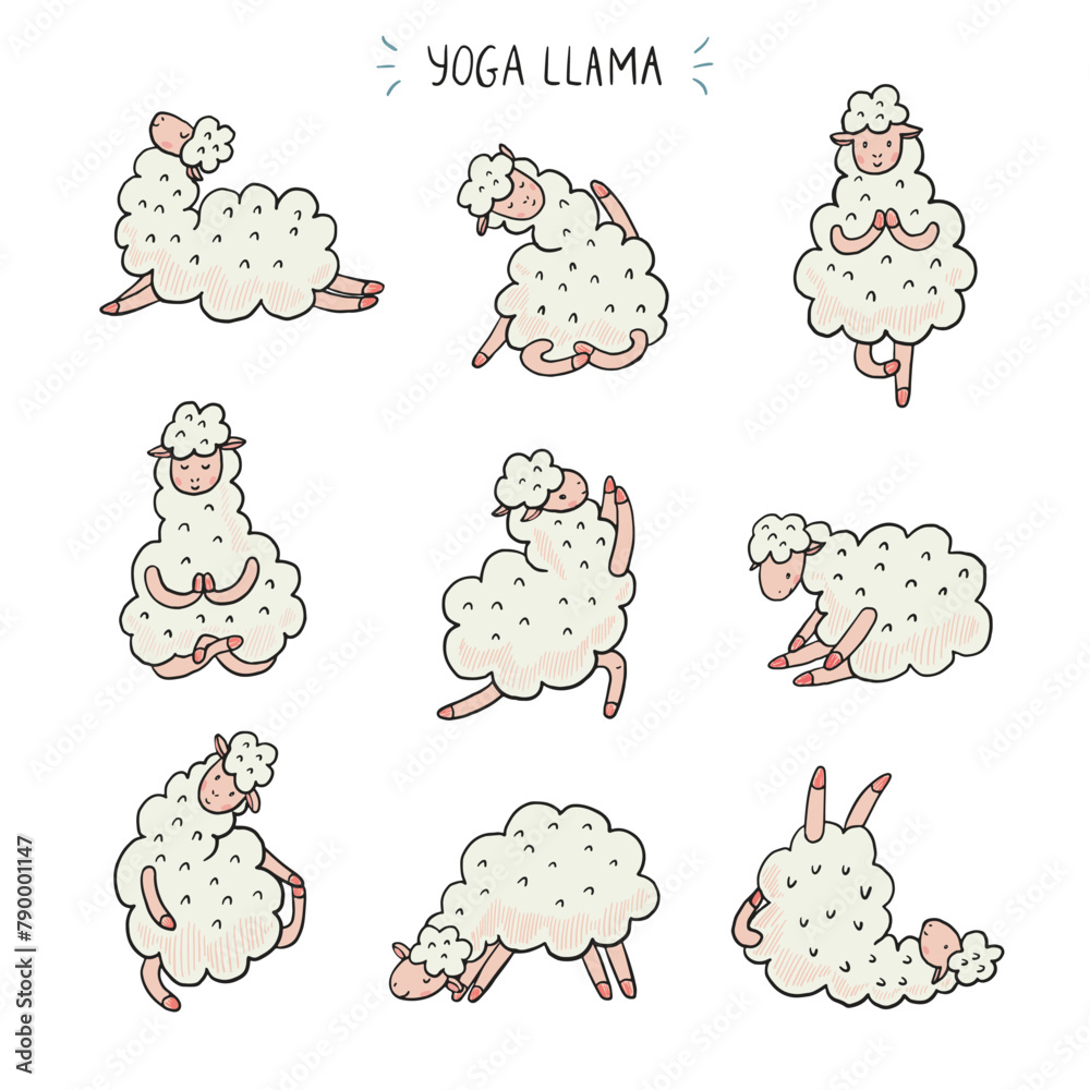 Obraz premium Yoga llama poses doodle vector illustrations set.