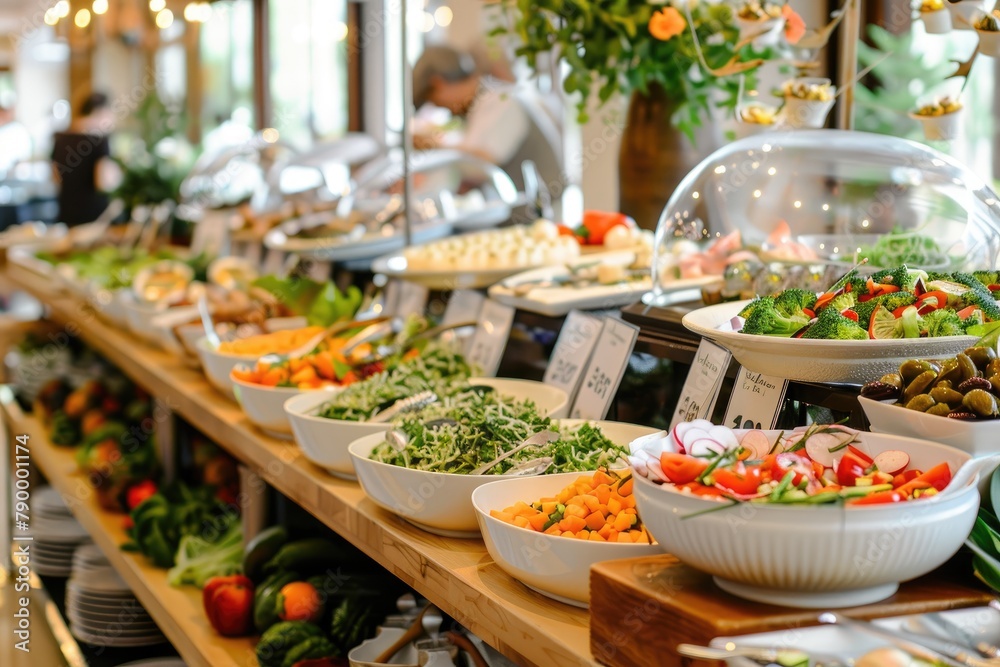 Catering buffet food on a long table in a hotel restaurant Catering buffet food on a long table in a hotel restaurant