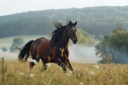 Galloping brown horse in a field © gatherina