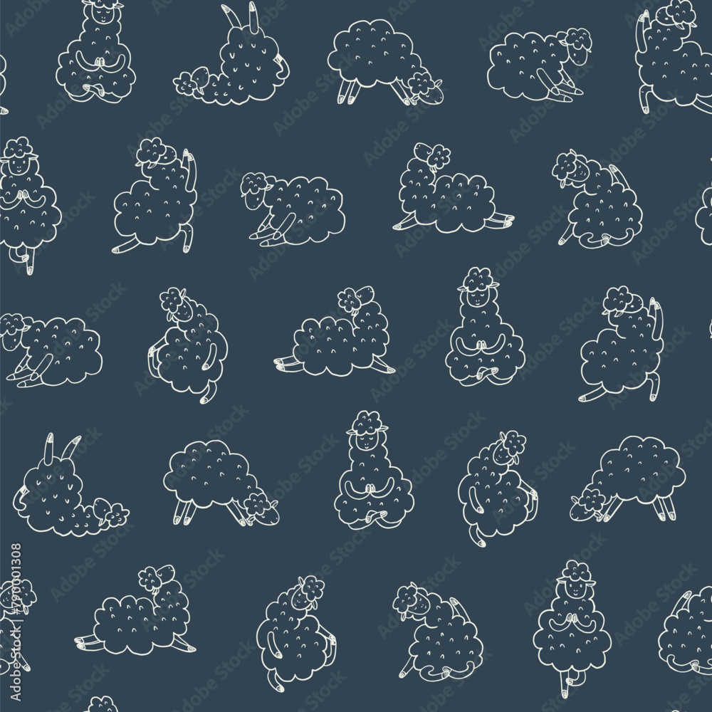 Obraz premium Yoga llama doodle line vector seamless pattern.