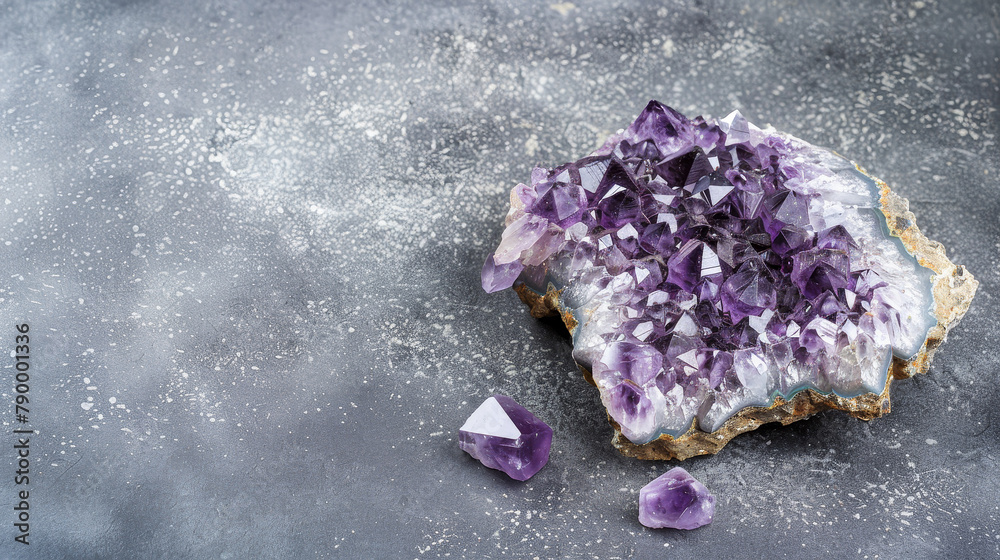 Close-up of amethyst crystal cluster on a dark background. Close-up of amethyst crystal cluster on a dark background.