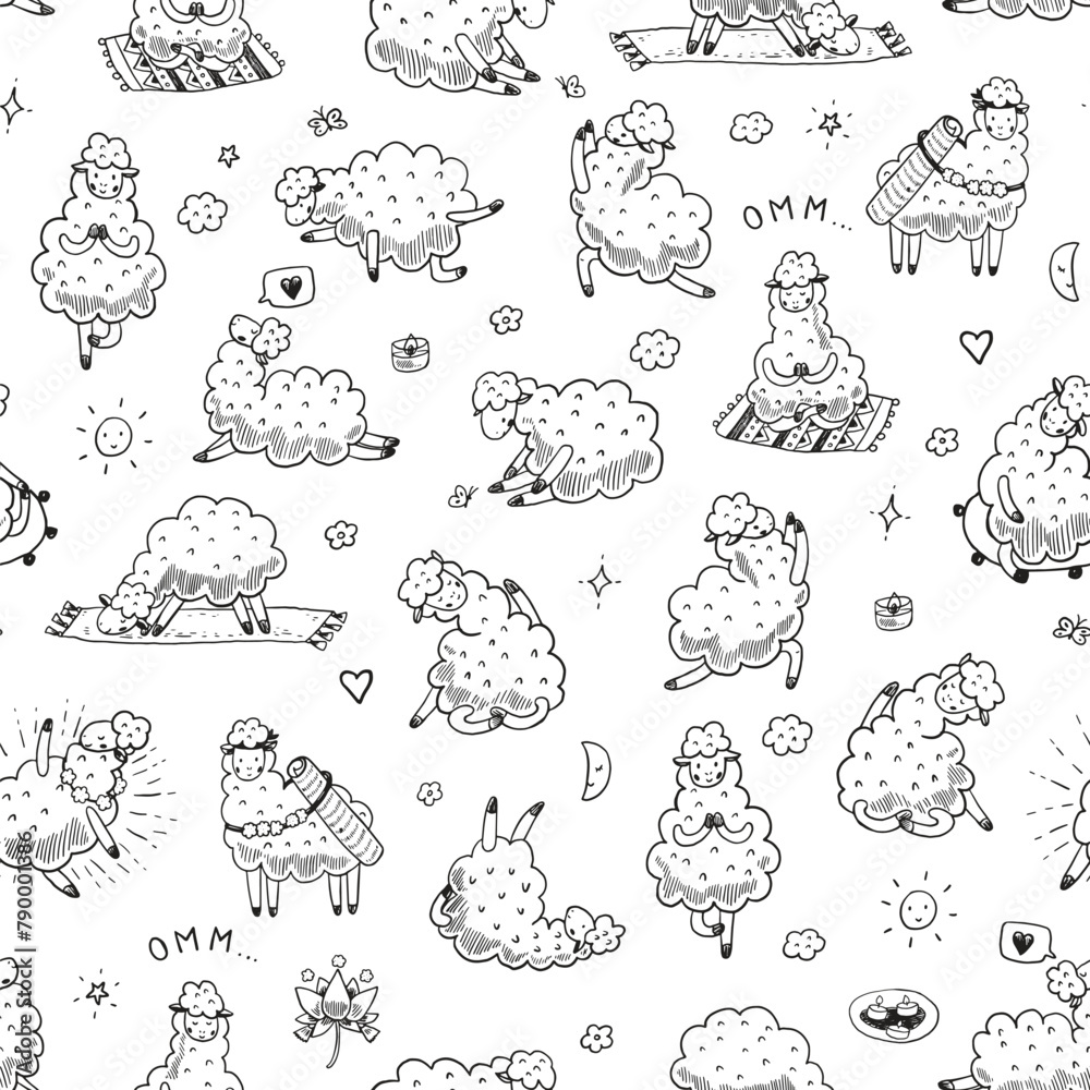 Obraz premium Yoga llama doodle line vector seamless pattern.