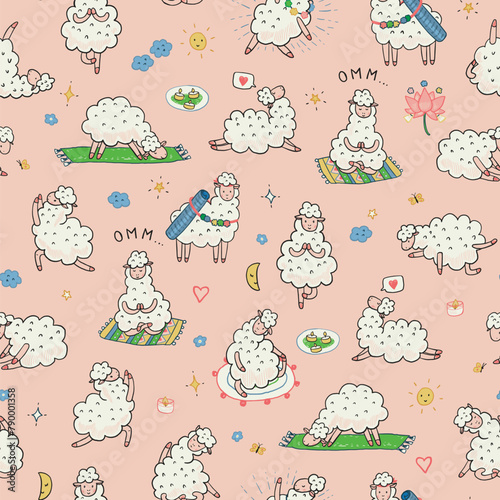 Yoga llama doodle vector seamless pattern.