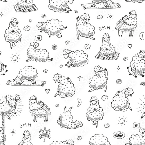 Yoga llama doodle line vector seamless pattern.