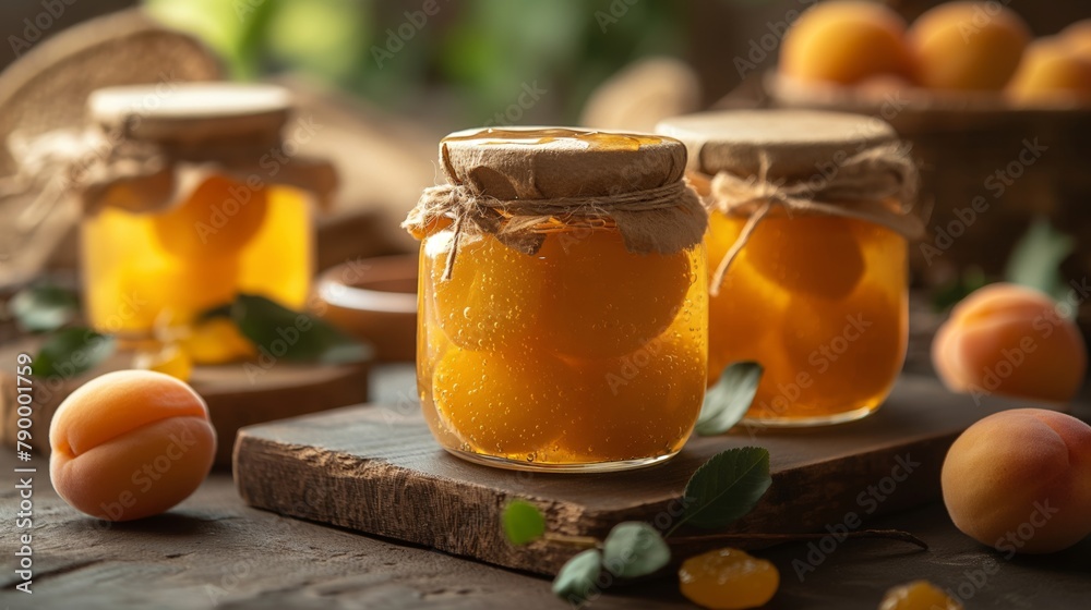 Freshly made apricot jam in glass jars with ripe apricots, isolated on a white backdrop Freshly made apricot jam in glass jars with ripe apricots, isolated on a white backdrop