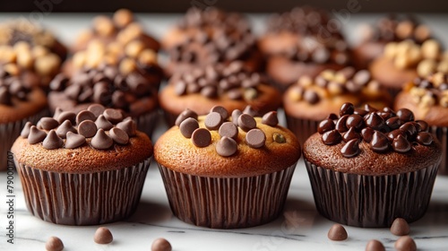 Freshly made chocolate chip muffins with assorted toppings, set against a white backdrop