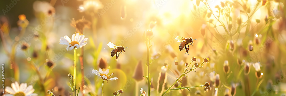 Bees flying in the air above flowers on a green meadow, during spring time in a nature landscape with bees and wildflowers on a sunny day.