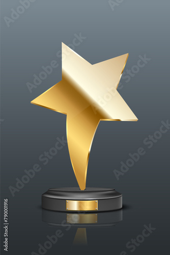 Award trophy with gold star shaped prize statue on gray background. Champion glory in competition vector illustration. Hollywood fame in film, first place, contest winner golden symbol