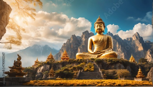 magical castle landscape with giant gold buddha statue from Generative AI photo
