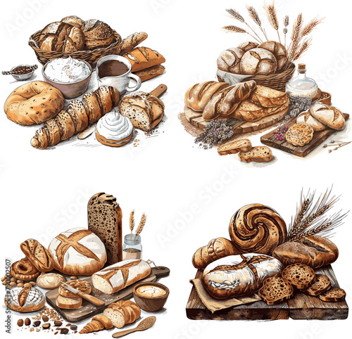 Color engraving raster illustration set of Bakery still life isolated on white background
