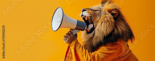 Majestic lion roaring into a megaphone. This captivating close-up captures a lion mid-roar with a megaphone, set against a striking yellow background