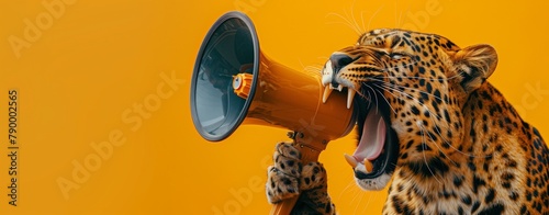 Commanding leopard with a megaphone. An arresting close-up image of a leopard roaring into a megaphone, set against a complementary yellow background
